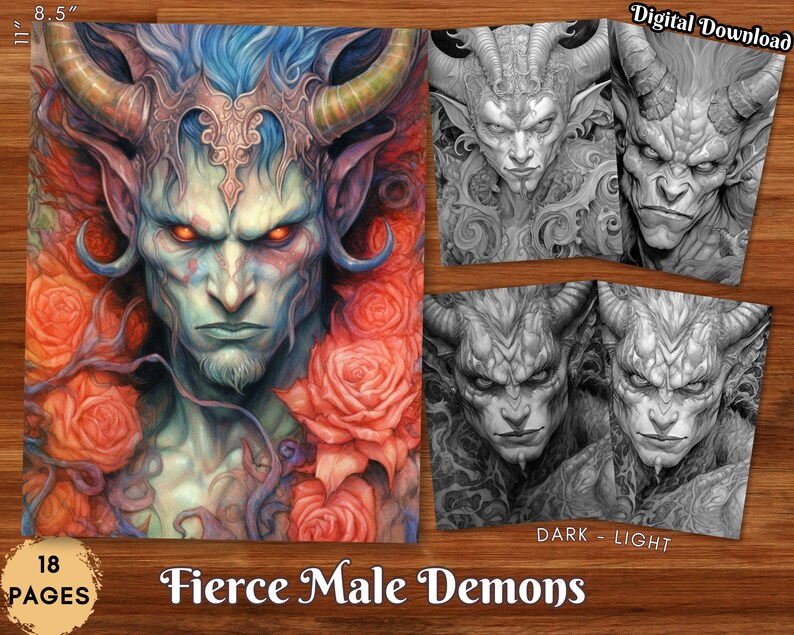 Fierce Male Demons Adult Coloring Book Grayscale Coloring Page Fantasy Digital Printable Illustration Coloring Page PDF image 1