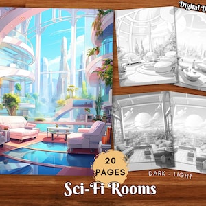 Sci-Fi Rooms Adult Coloring Pages, Futuristic Landscape Grayscale Coloring Book, Digital Download Printable Spaceships Coloring Pages PDF