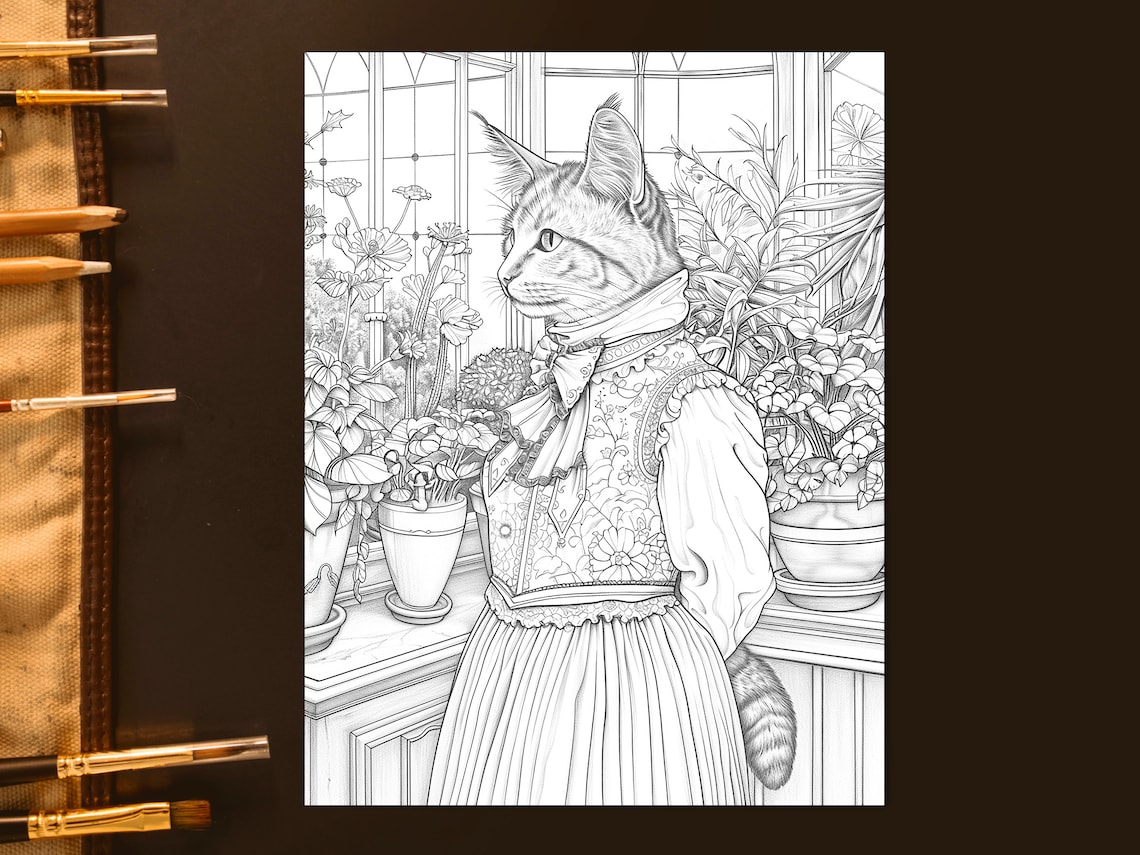 Victorian Cats Coloring Pages, Grayscale Whimsical Animal Portraits ...