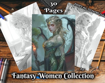 Fantasy Women Collection Adult Coloring Pages, Magical Women Grayscale Coloring Book, Digital Download Printable Whimsical Coloring PDF