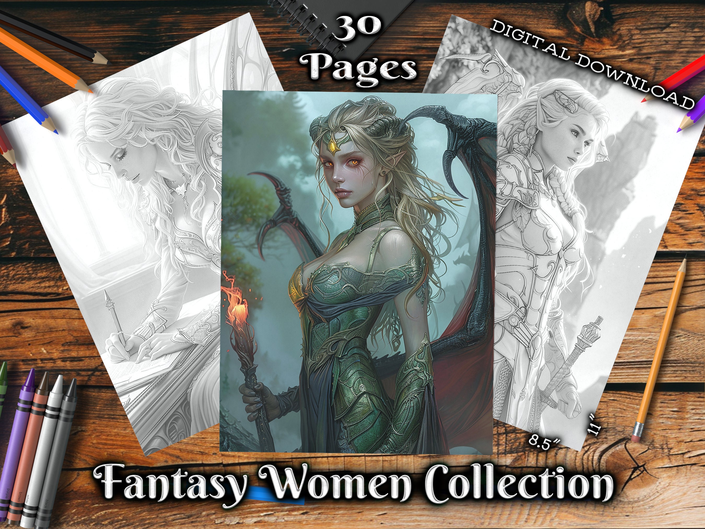 Fantasy Women Collection Adult Coloring Pages, Magical Women Grayscale ...