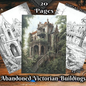Könnte beinhalten: Ein digitaler Download von 20 druckbaren Seiten mit Schwarzweiß-Bleistiftzeichnungen von verlassenen viktorianischen Gebäuden. Die Zeichnungen sind detailliert und kunstvoll und zeigen die architektonischen Merkmale der Gebäude in einem realistischen Stil. Der Text "20 Seiten" und "Verlassene viktorianische Gebäude" ist auf dem Bild sichtbar.