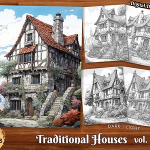Traditional Houses Adult Coloring Book Beautiful Landscapes Grayscale Coloring Page Digital Download Printable Coloring Pages PDF Vol. 1