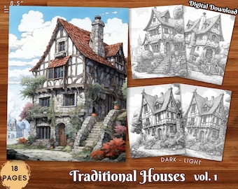 Traditional Houses Adult Coloring Book Beautiful Landscapes Grayscale Coloring Page Digital Download Printable Coloring Pages PDF Vol. 1