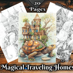 May include: A digital download coloring book with 20 pages of magical traveling homes. The cover features a detailed illustration of a house built into a tree, perched on the back of a large turtle.
