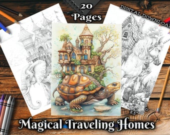 Magical Traveling Homes Adult Coloring Pages, Whimsical Animals Grayscale Coloring Book, Digital Download Fantasy Printable Coloring Pages