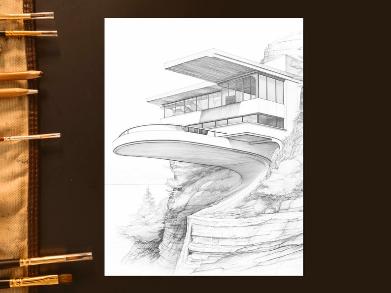 Modern Cliff Houses Adult Coloring Pages, Nature Landscape Grayscale ...