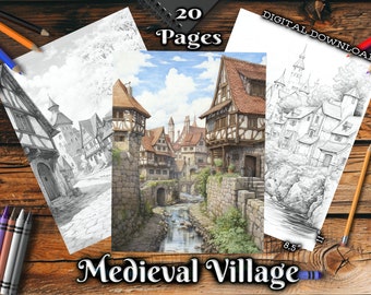 Medieval Village Adult Coloring Book Beautiful Landscapes Grayscale Coloring Page Digital Download Printable Coloring Pages PDF