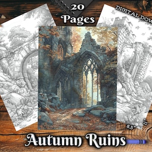 May include: A digital download of 20 coloring pages featuring autumnal ruins. The pages depict a stone archway, a tower, and other architectural details overgrown with vines and leaves. The coloring pages are perfect for adults and children who enjoy detailed and intricate designs.