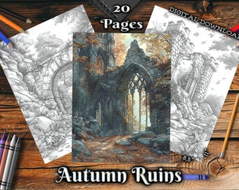 Autumn Ruins Adult Coloring Pages, Overgrown Stone Buildings in Fall Grayscale Coloring Digital Book, Download Printable PDF
