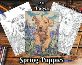 Spring Puppies Adult Coloring Pages, Adorable Pets Grayscale Coloring Book, Dogs Nature Landscapes Digital Download Printable Coloring