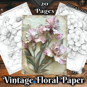 Fleurs vintage en papier, pages à colorier pour adultes, bouquets de fleurs en niveaux de gris, livre de coloriage en téléchargement numérique, pages à colorier imprimables PDF
