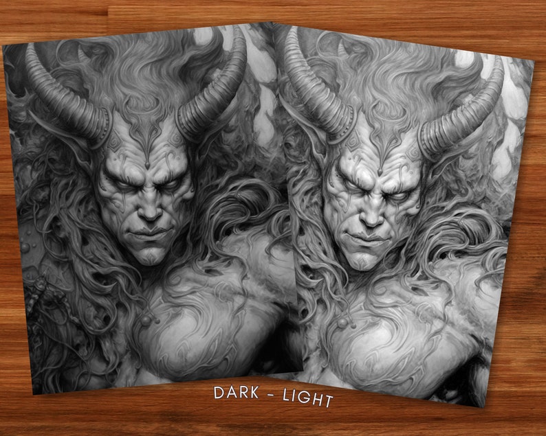 Fierce Male Demons Adult Coloring Book Grayscale Coloring Page Fantasy Digital Printable Illustration Coloring Page PDF image 2