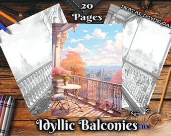Puede incluir: Un libro para colorear digital descargable con 20 páginas de balcones idílicos con temática parisina. La imagen de portada muestra un balcón con vistas a un horizonte urbano, una mesa y sillas, y una planta en maceta con flores rosas. El texto "Idyllic Balconies" está en la parte inferior de la imagen.