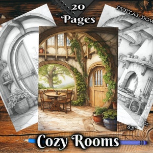 Cozy Rooms Adult Coloring Book Beautiful Landscapes Grayscale Coloring Page Digital Download Printable Coloring Pages