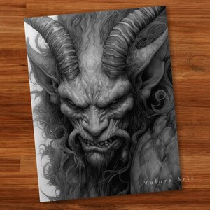 Fierce Male Demons Adult Coloring Book Grayscale Coloring Page Fantasy Digital Printable Illustration Coloring Page PDF image 8