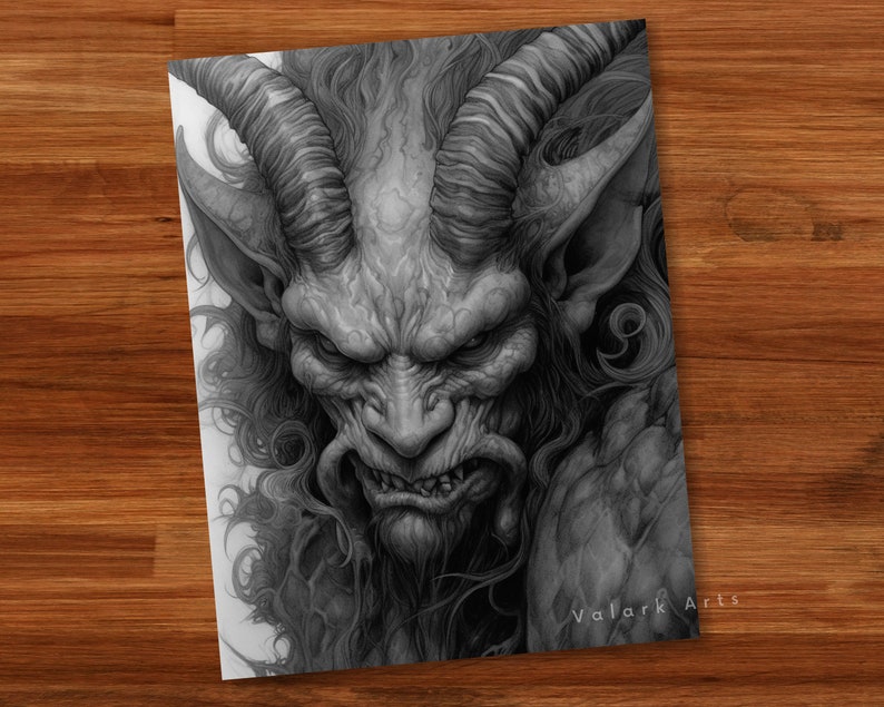Fierce Male Demons Adult Coloring Book Grayscale Coloring Page Fantasy Digital Printable Illustration Coloring Page PDF image 8