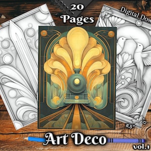May include: Art Deco colouring book with 20 pages, featuring a train, birds, and abstract designs. Includes pencils and crayons on a wooden surface. The pages measure 21.6 x 27.9 cm.