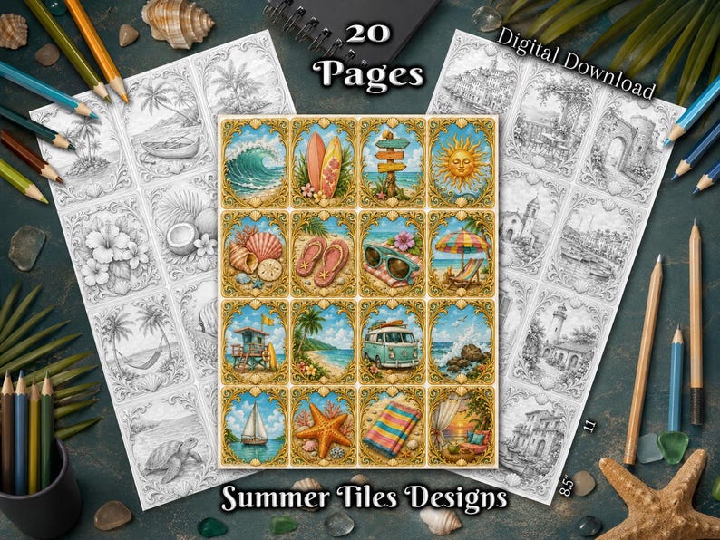 Summer Tiles Grayscale Coloring Pages – 20 Coastal Landscapes (Digital ...