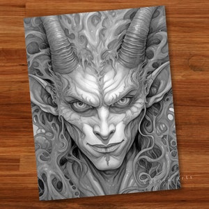 Fierce Male Demons Adult Coloring Book Grayscale Coloring Page Fantasy Digital Printable Illustration Coloring Page PDF image 6