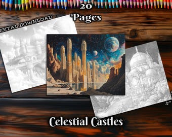 Celestial Castles Adult Coloring Pages, Sci-Fi Grayscale Coloring Book, Digital Download Printable Universe Landscapes Coloring Pages PDF