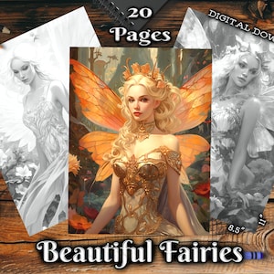 Beautiful Fairies Adult Coloring Pages Grayscale Coloring Book Fantasy Women Digital Download Printable Coloring Pages PDF