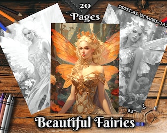 Beautiful Fairies Adult Coloring Pages Grayscale Coloring Book Fantasy Women Digital Download Printable Coloring Pages PDF