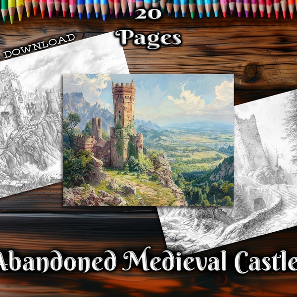 Abandoned Medieval Castles Adult Coloring Pages Overgrown Buildings Grayscale Coloring Book Digital Download Printable Coloring Pages PDF