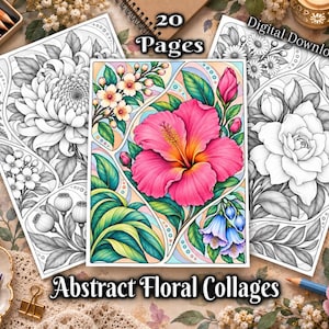Grayscale Coloring Pages – Abstract Floral Collages, Printable Flower Illustrations (Digital Download)