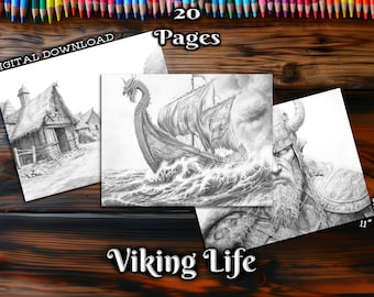 Viking Life Adult Coloring Pages, Nordic Antique Culture Grayscale Coloring Book, Digital Download Printable Landscapes Coloring Pages PDF