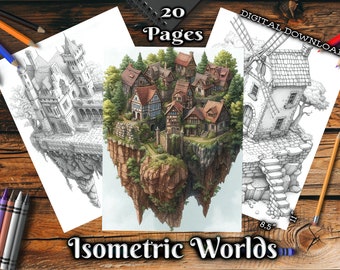 Isometric Wolds Adult Grayscale Coloring Pages | Pocket Buildings Coloring Book Digital Download | Printable Floating Islands Coloring Pages