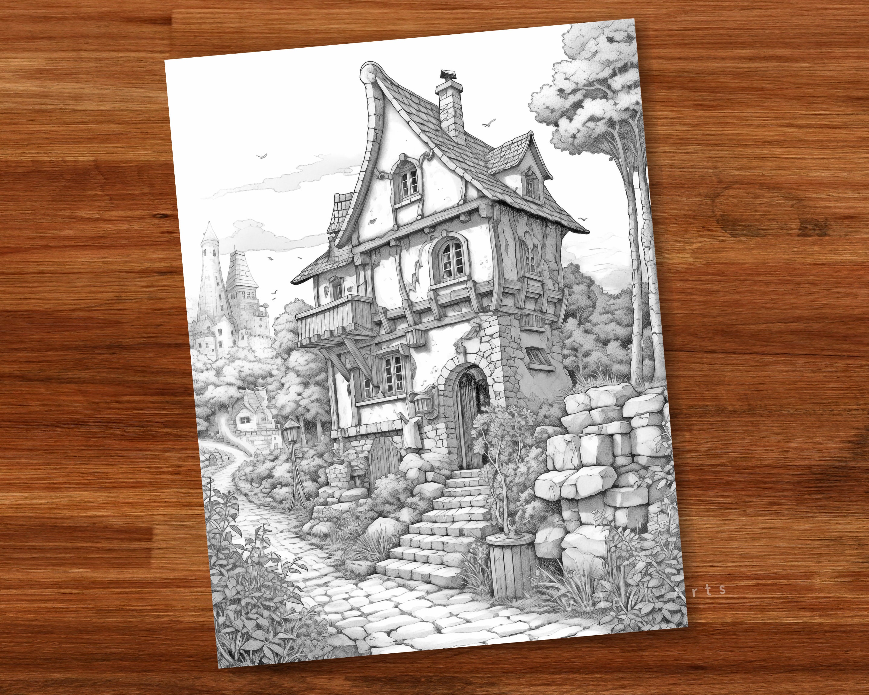 Traditional Houses Adult Coloring Book Beautiful Landscapes Grayscale ...
