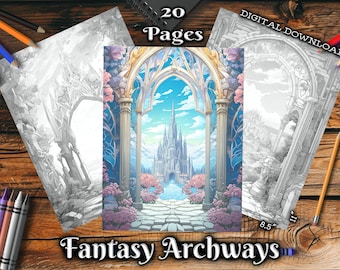 Fantasy Archways Erwachsene Malbuch Schöne Landschaften Graustufen Färbung Seite Digitaler Download Druckbare Malseiten PDF