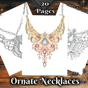Ornate Necklaces Adult Coloring Pages Beautiful Jewelry Grayscale Coloring Book Digital Download Printable Coloring Pages PDF