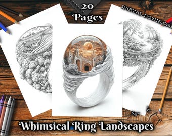 Grayscale Coloring Pages - Download, Print and Color - Whimsical Ring Landscapes, Printable Illustrations for Colorists to Enjoy and Relax