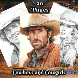 Cowboys and Cowgirls Adult Coloring Pages Grayscale Portraits Coloring Book Country Digital Download Printable Coloring Pages PDF