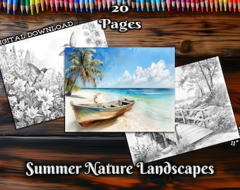 May include: A digital download of 20 coloring pages featuring summer nature landscapes. The pages include a hummingbird in a garden, a boat on a beach, and a wooden bridge in a forest.