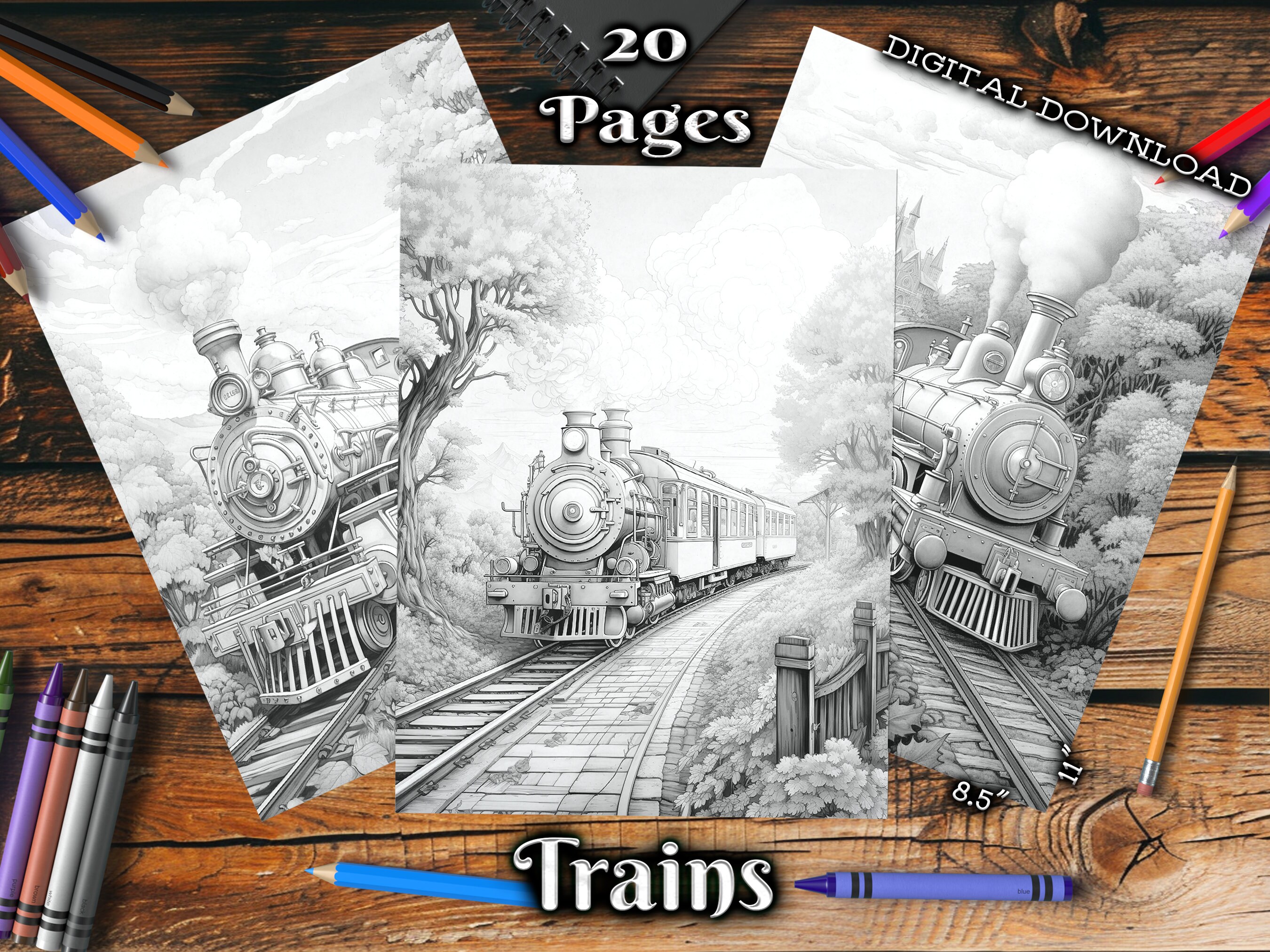 Trains Adult Coloring Book Beautiful Scenery Grayscale Coloring Page ...