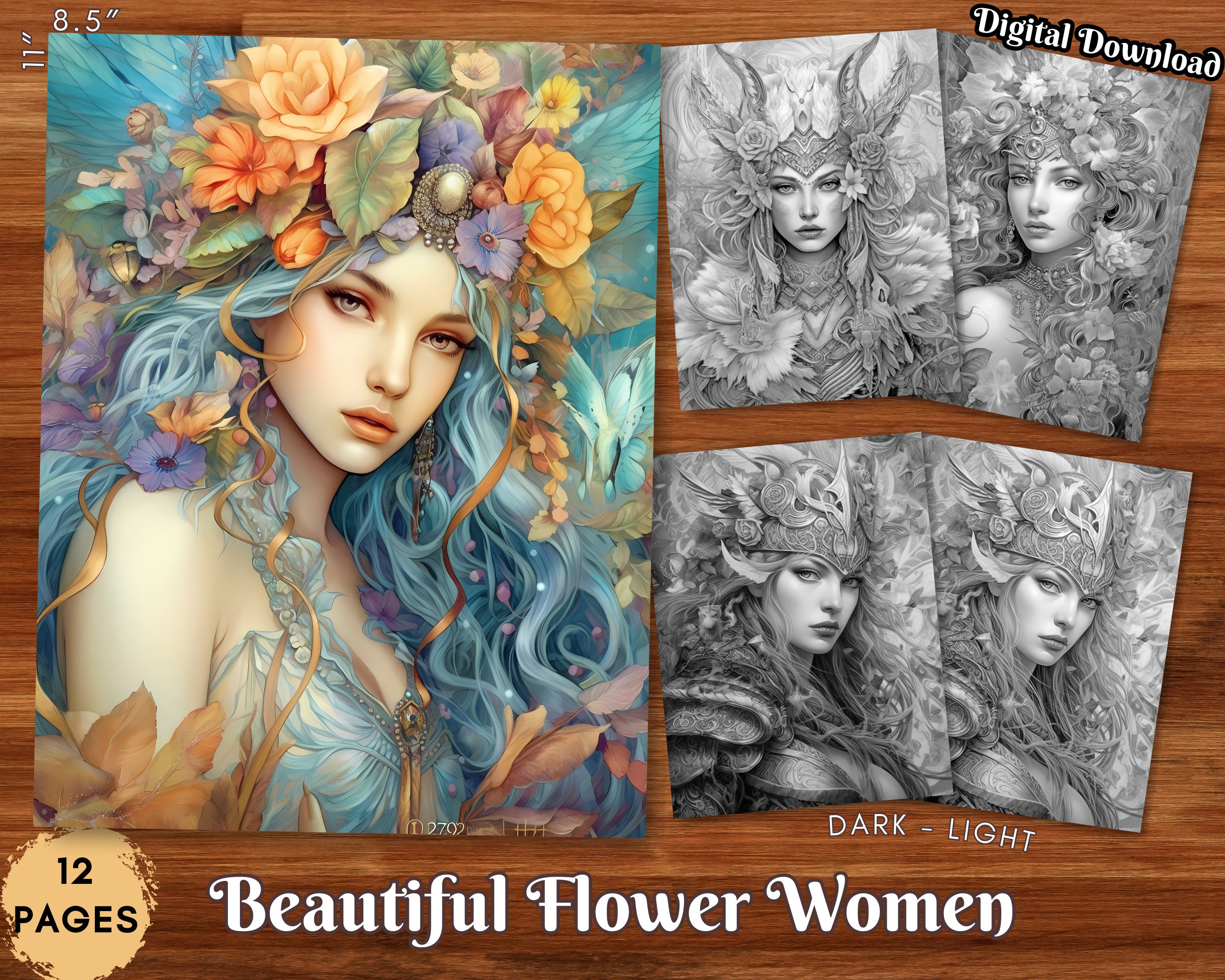 Beautiful Flower Women Adult Coloring Book Grayscale Coloring Page ...