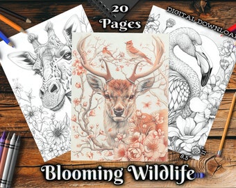 Blooming Wildlife Adult Coloring Pages, Flowers Nature Grayscale Coloring Book, Digital Download Printable Animals Coloring Pages PDF