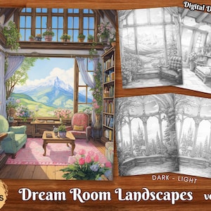 Dream Room Landscapes Adult Coloring Book Beautiful Scenery Grayscale Coloring Page Digital Download Printable Coloring Pages PDF Vol. 1