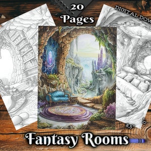 May include: A digital download of 20 printable coloring pages featuring fantasy rooms. Each page is 8.5 inches by 11 inches and features intricate details of a magical room, including a library, a throne room, and a bedroom.