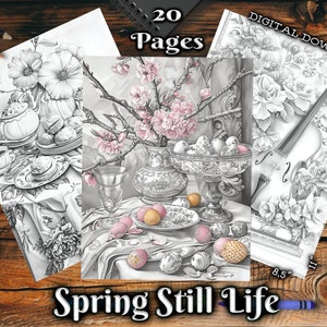 以下が含まれることがあります： 春の静物画のシーンが描かれた、印刷可能な塗り絵20ページのセット。画像には、ティーポット、花、卵、花瓶、バイオリンが含まれています。