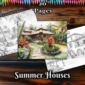 Summer Houses Adult Coloring Pages, Beach Cottages Grayscale Coloring Book, Digital Download Printable Seaside Landscapes Coloring Pages PDF