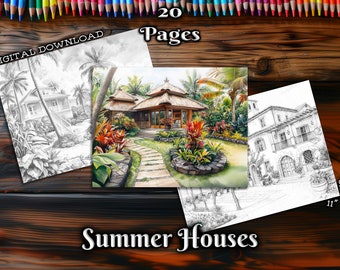Summer Houses Adult Coloring Pages, Beach Cottages Grayscale Coloring Book, Digital Download Printable Seaside Landscapes Coloring Pages PDF
