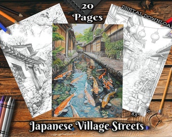 Japanese Village Streets Adult Coloring Pages Beautiful Landscapes Grayscale Coloring Book Digital Download Printable Coloring Pages PDF