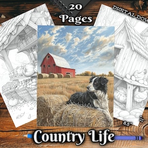 Country Life Adult Coloring Pages, Nature Landscapes Grayscale Coloring Book, Digital Download Printable Farm Animals and Scenery PDF Pages
