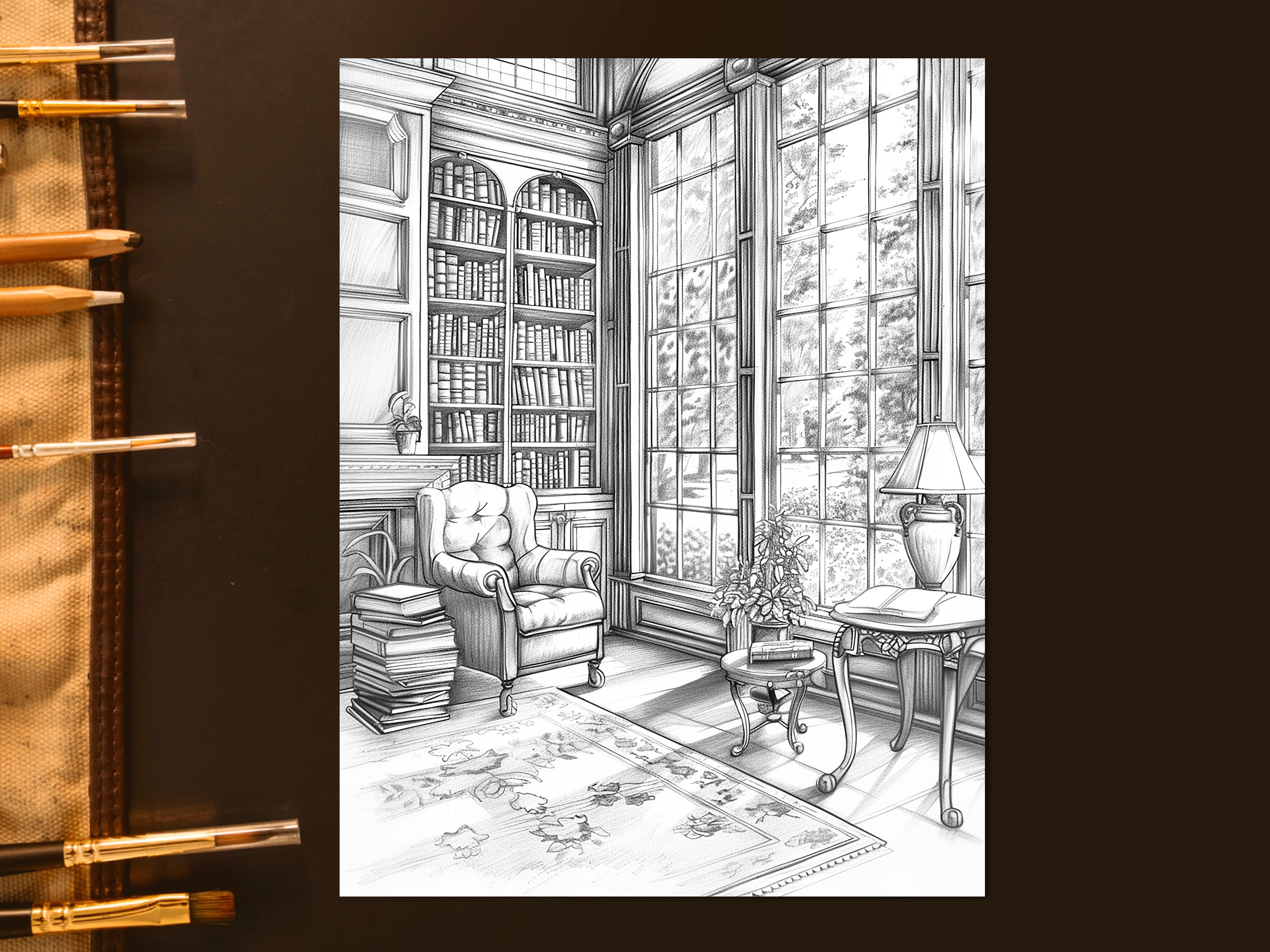 Antique Libraries Adult Coloring Pages, Medieval Rooms Grayscale ...
