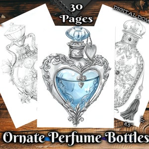Ozdobne butelki perfum dla dorosłych kolorowanki, skomplikowane wzory szklane kolorowanka w skali szarości, cyfrowe pobieranie do druku kolorowanka PDF