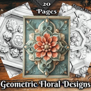 Può includere: Un download digitale di 20 pagine di disegni floreali geometrici. I disegni sono intricati e dettagliati, e sarebbero perfetti per colorare o usare come ispirazione per altri progetti creativi. Il testo "20 Pagine" e "Disegni Floreali Geometrici" è incluso nell'immagine.